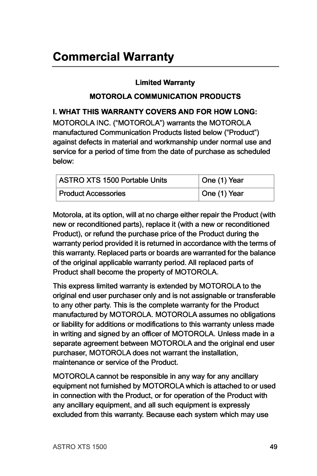 Motorola XTSTM 1500 manual Commercial Warranty, Limited Warranty MOTOROLA COMMUNICATION PRODUCTS 
