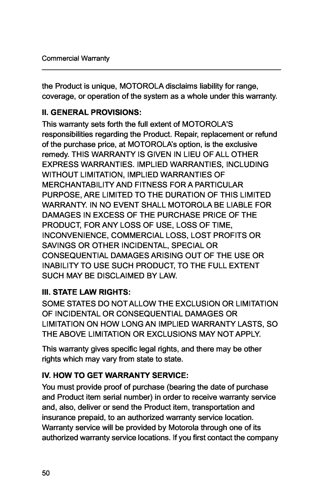 Motorola XTSTM 1500 Ii. General Provisions, Iii. State Law Rights, Iv. How To Get Warranty Service, Commercial Warranty 