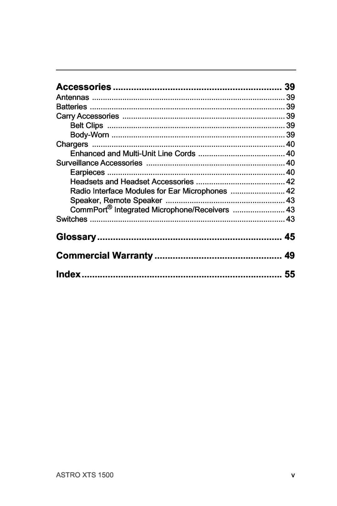 Motorola XTSTM 1500 manual Accessories, Glossary, Commercial Warranty, Index, Astro Xts 