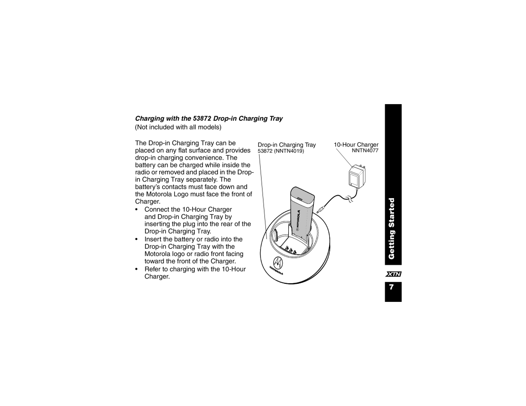 Motorola XV2600, XU1100 manual Charging with the 53872 Drop-in Charging Tray 