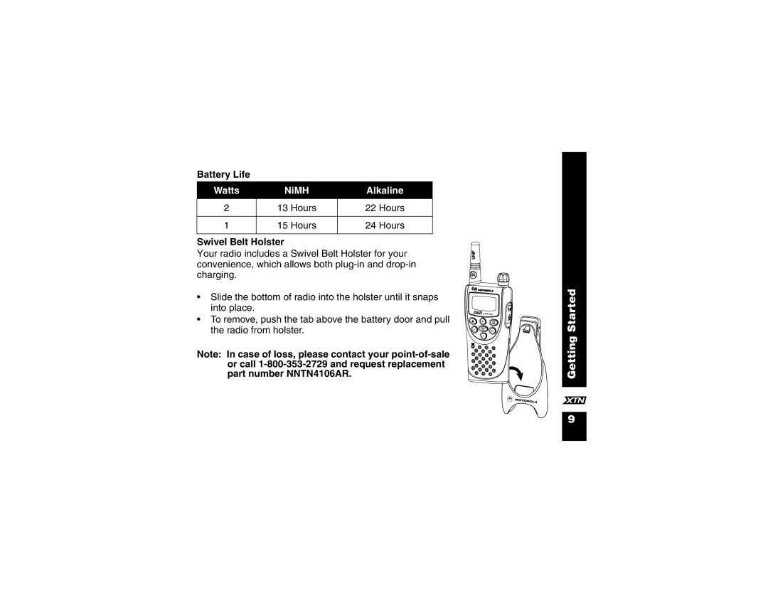 Motorola XV2600, XU1100 manual Battery Life, Swivel Belt Holster 