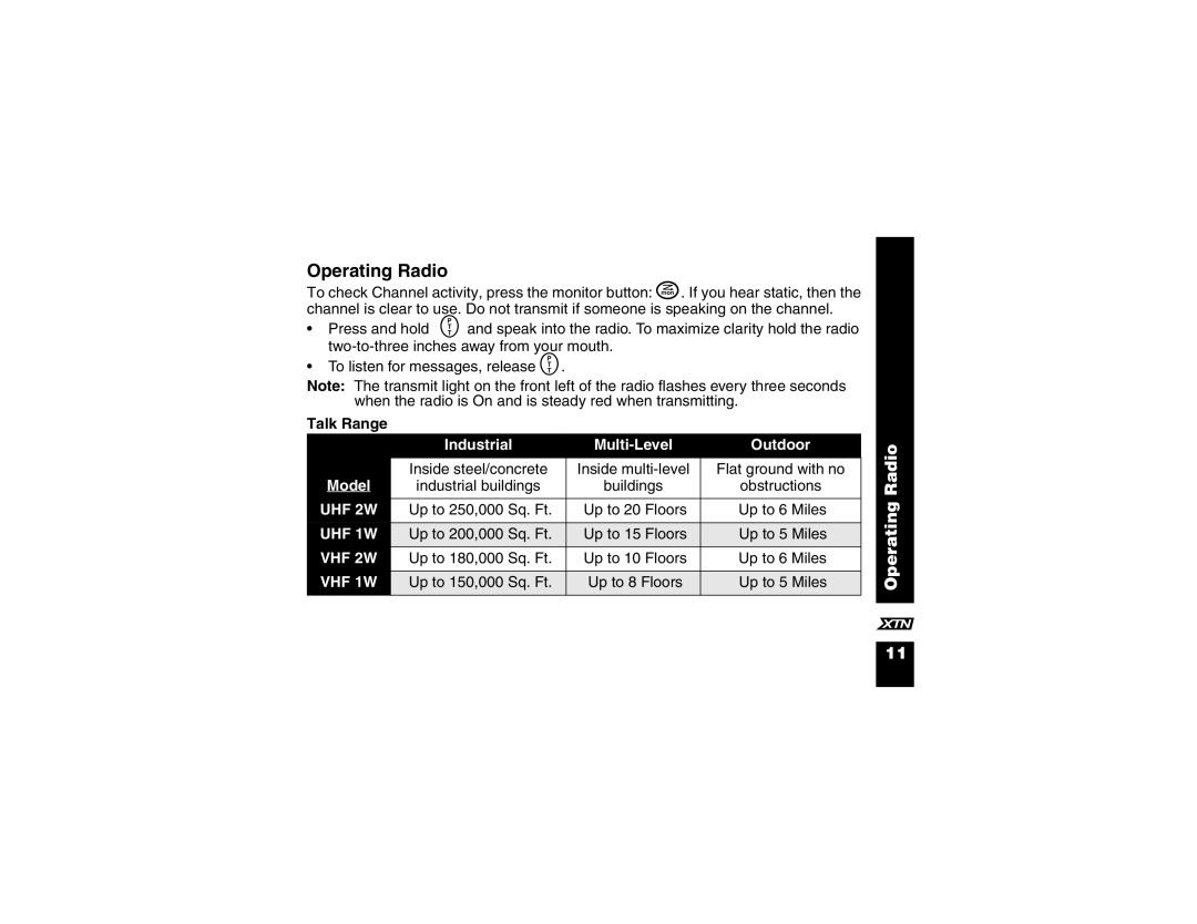 Motorola XV2600, XU1100 manual Operating Radio 