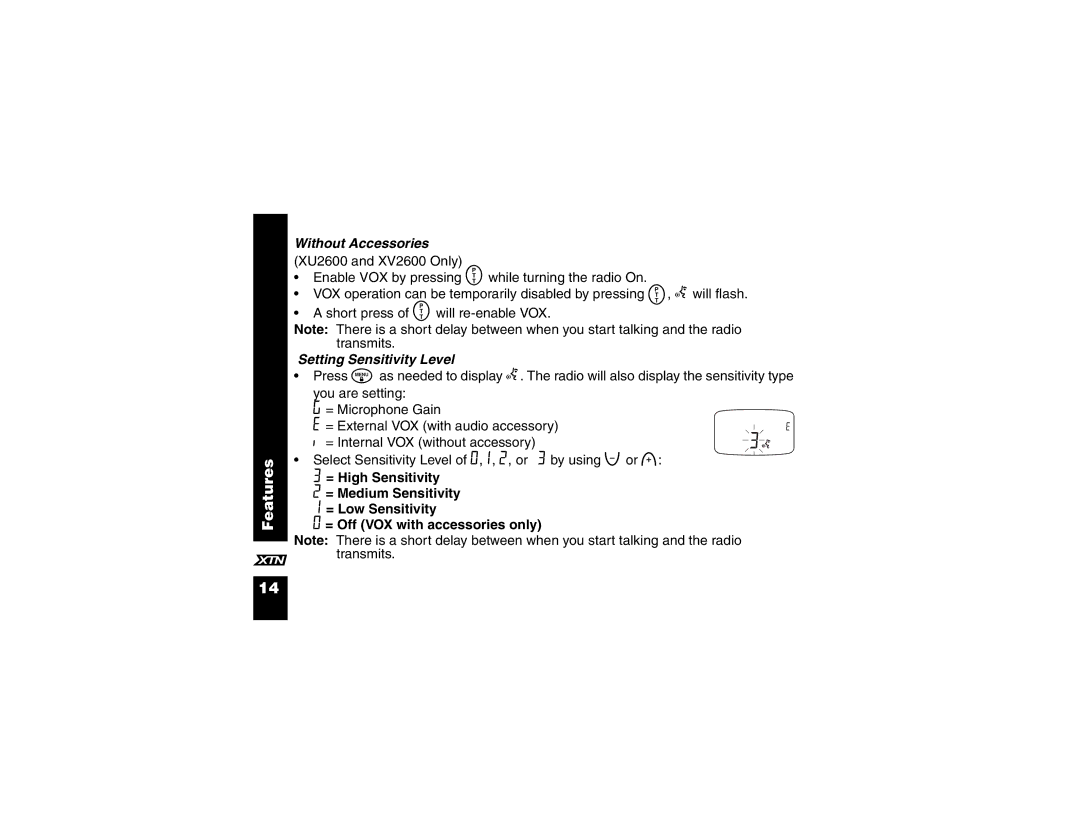 Motorola XU1100, XV2600 manual Without Accessories, Setting Sensitivity Level 