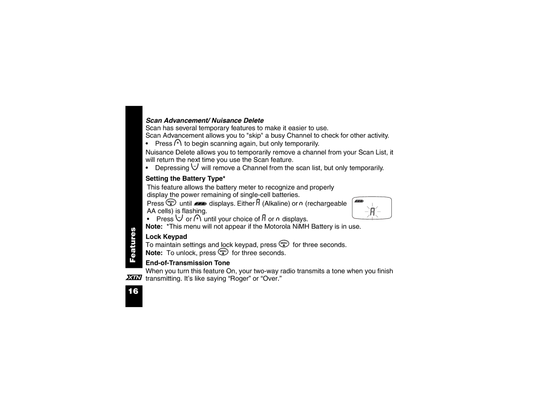 Motorola XU1100, XV2600 Scan Advancement/ Nuisance Delete, Setting the Battery Type, Lock Keypad, End-of-Transmission Tone 