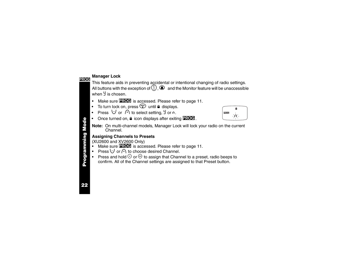 Motorola XU1100 manual Manager Lock, Assigning Channels to Presets XU2600 and XV2600 Only 