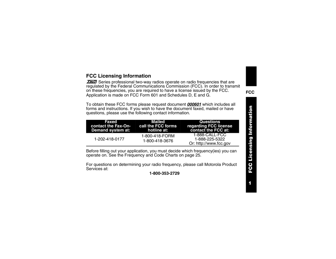 Motorola XV2600, XU1100 manual FCC Licensing Information 