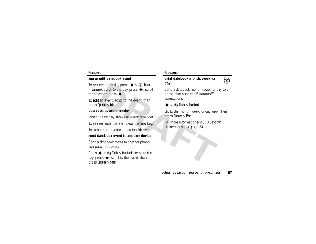 Motorola Z3 instruction manual Tools Datebook, Features See or edit datebook event, Datebook event reminder 