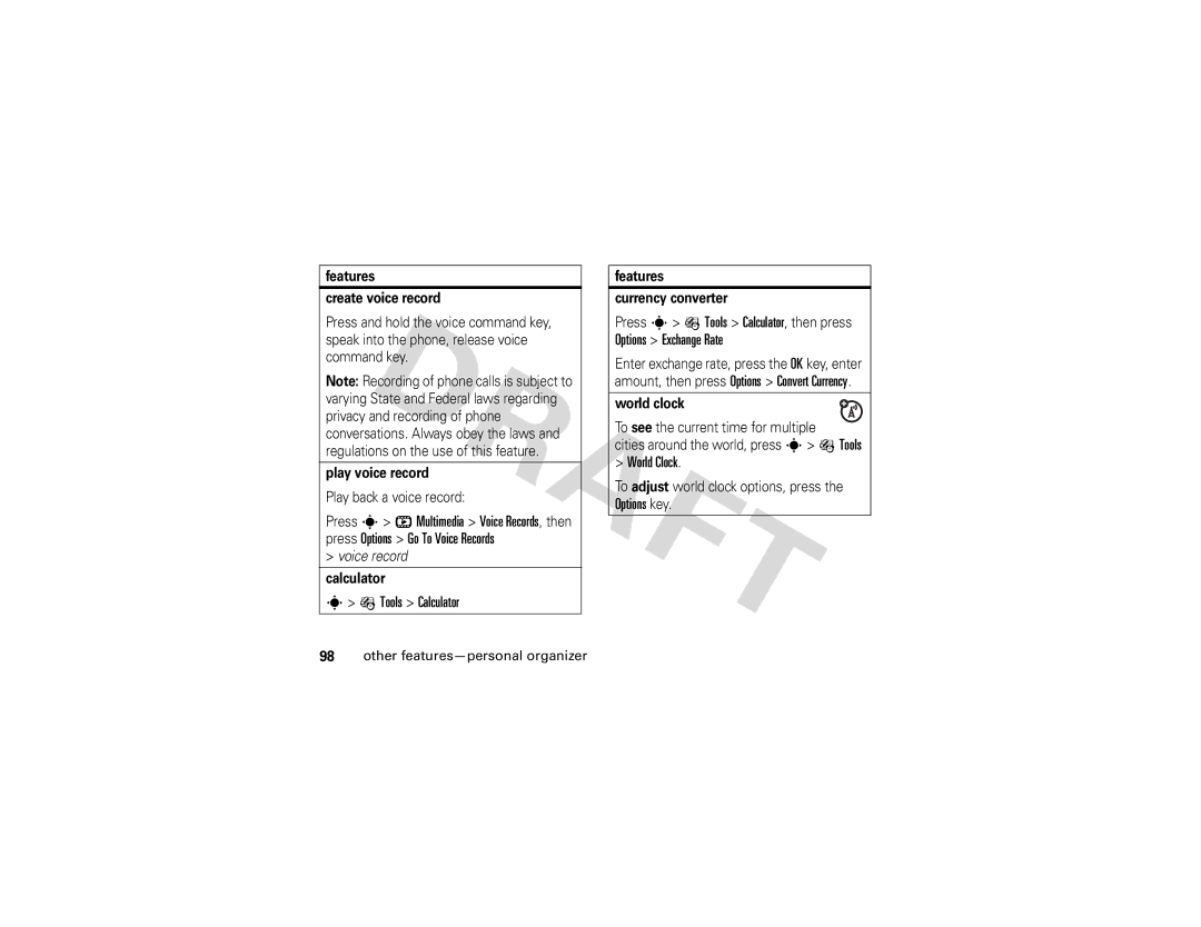 Motorola Z3 instruction manual Tools Calculator, World Clock 