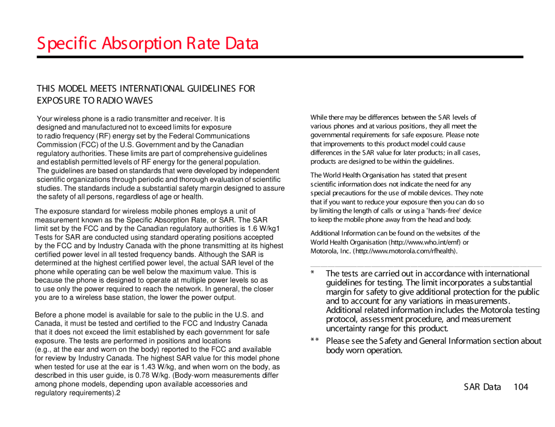 Motorola Z3 instruction manual Specific Absorption Rate Data 