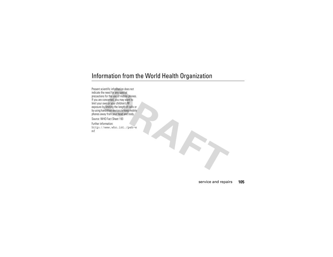 Motorola Z3 instruction manual Information from the World Health Organization, Service and repairs 