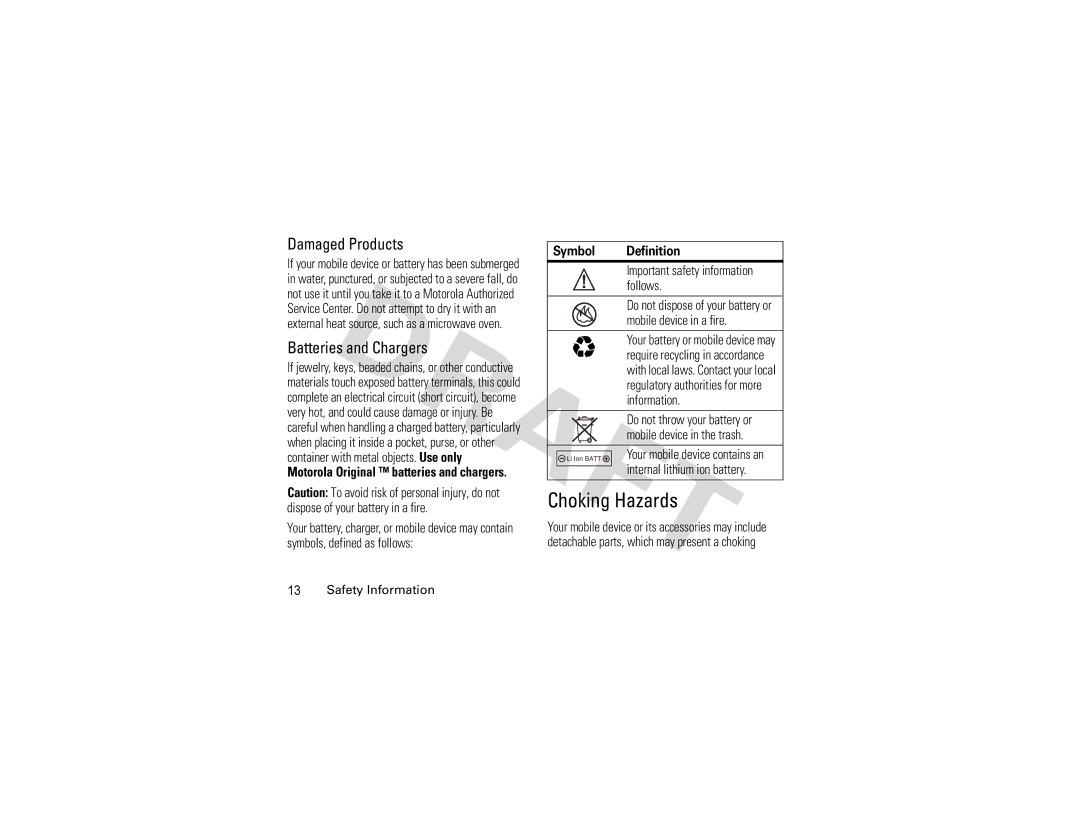 Motorola Z3 Damaged Products, Batteries and Chargers, Motorola Original batteries and chargers, Symbol Definition 