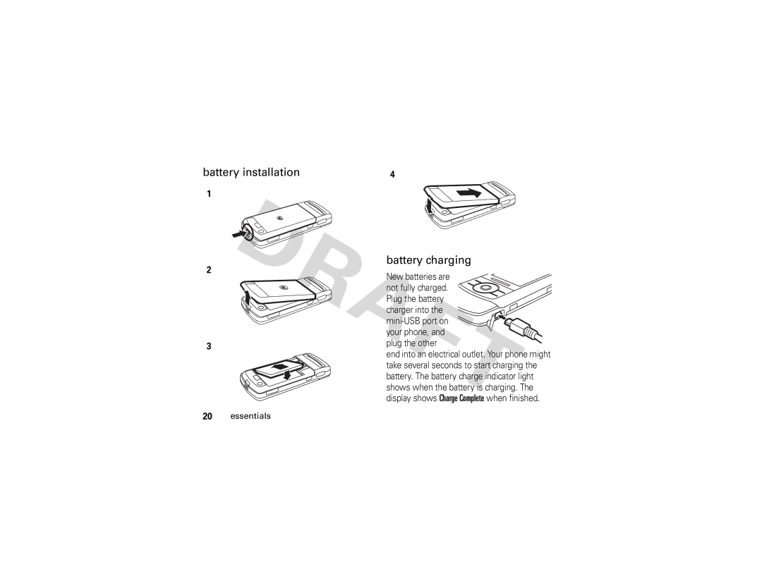 Motorola Z3 instruction manual Battery installation, Battery charging, Mini-USB port on 