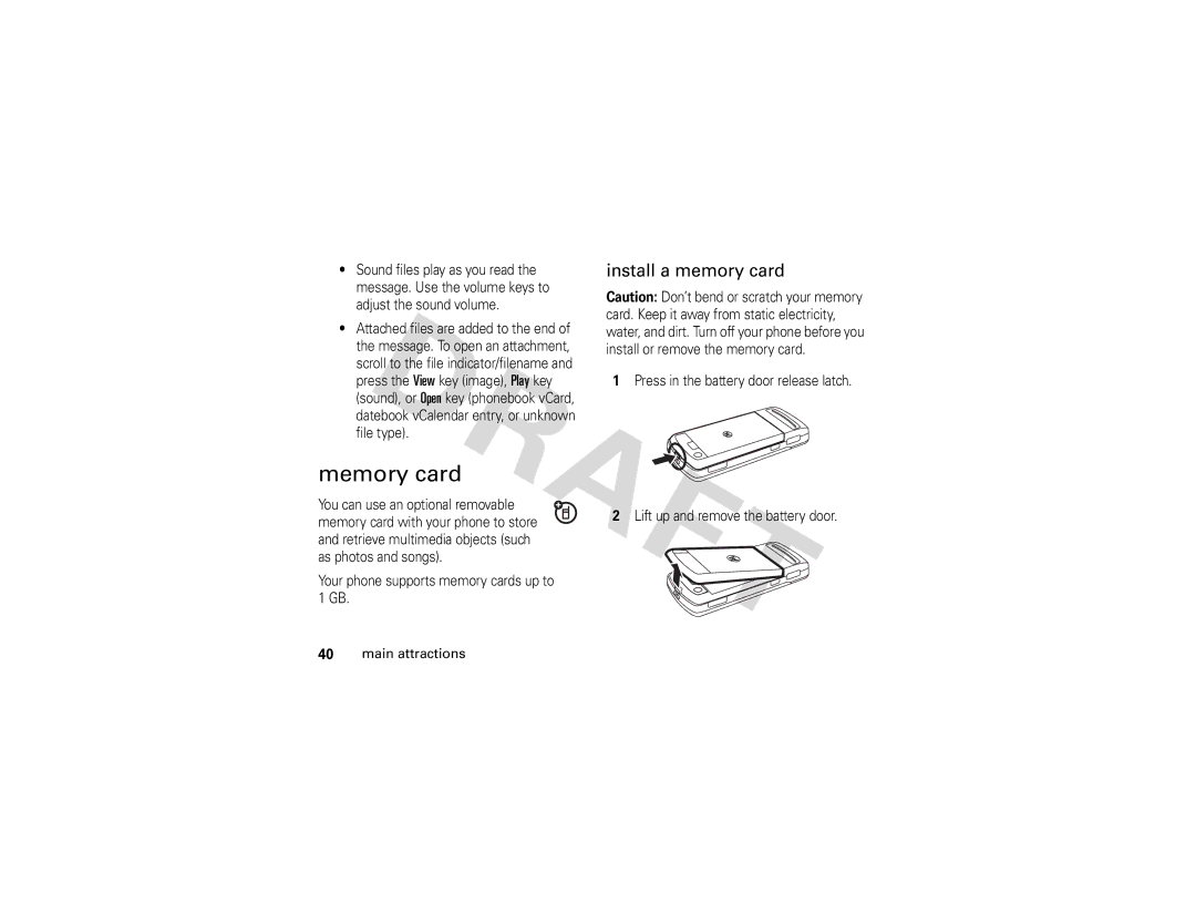 Motorola Z3 instruction manual Memory card, Install a memory card, Your phone supports memory cards up to 1 GB 