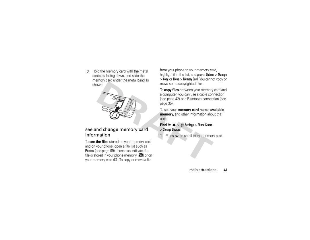 Motorola Z3 instruction manual See and change memory card information, Find it s w Settings Phone Status Storage Devices 