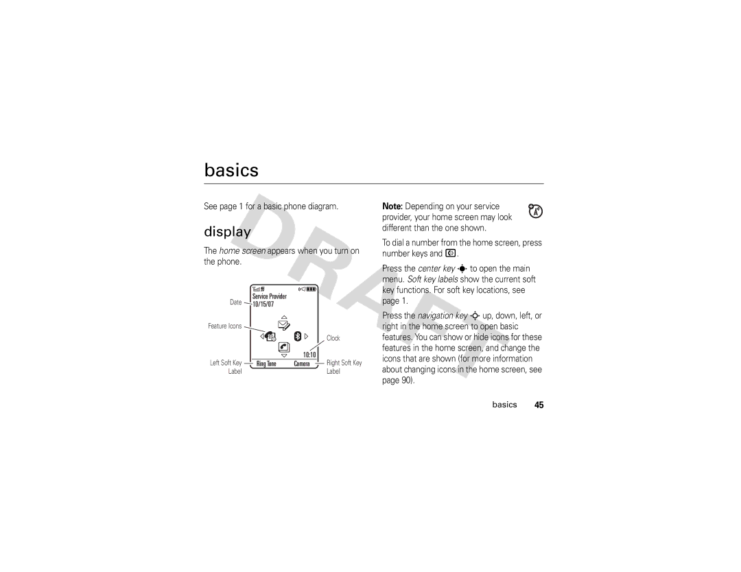 Motorola Z3 Basics, Display, See page 1 for a basic phone diagram, Home screen appears when you turn on the phone 