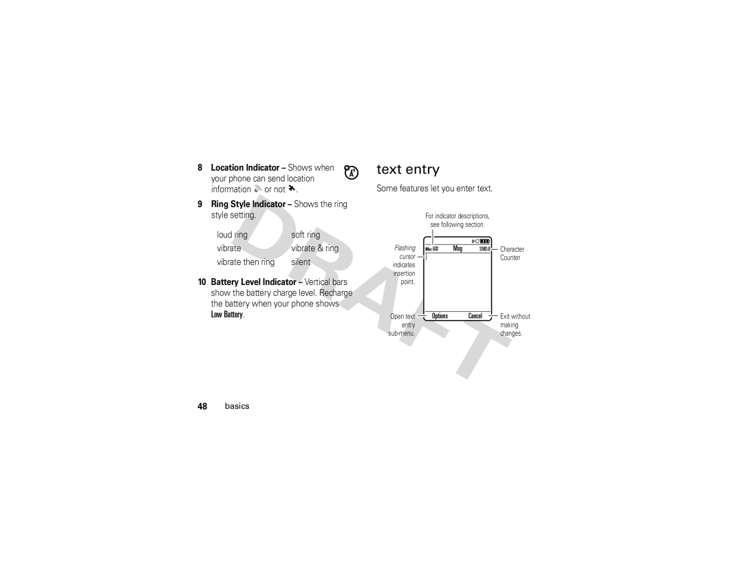 Motorola Z3 Text entry, Loud ring Soft ring Vibrate, Vibrate then ring Silent, Battery when your phone shows Low Battery 