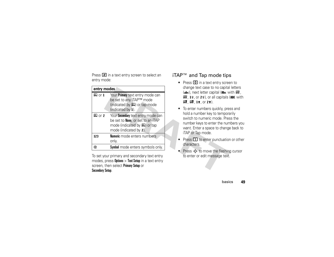 Motorola Z3 ITAP and Tap mode tips, Secondary Setup, Press #in a text entry screen to select an entry mode, Entry modes 