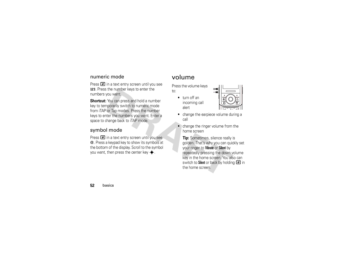 Motorola Z3 instruction manual Volume, Numeric mode, Symbol mode 