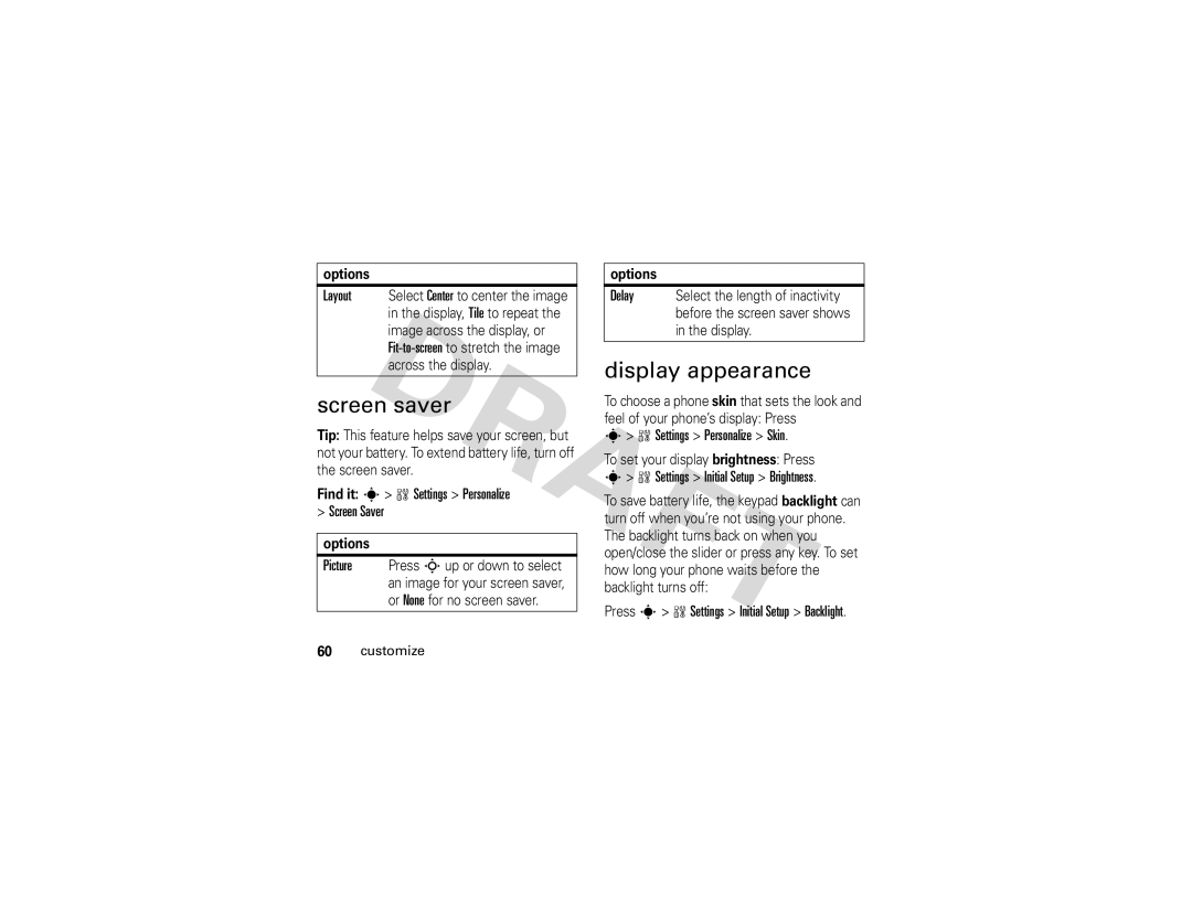 Motorola Z3 instruction manual Screen saver, Display appearance 