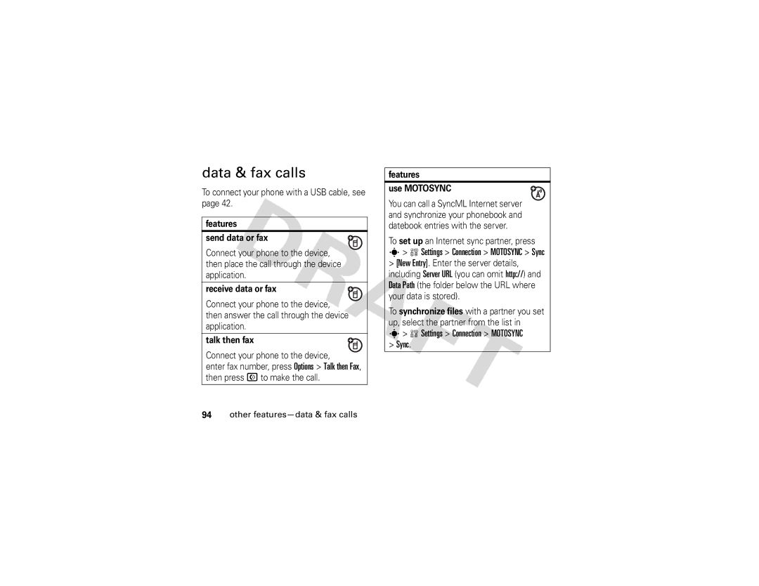 Motorola Z3 instruction manual Data & fax calls, Settings Connection Motosync Sync 