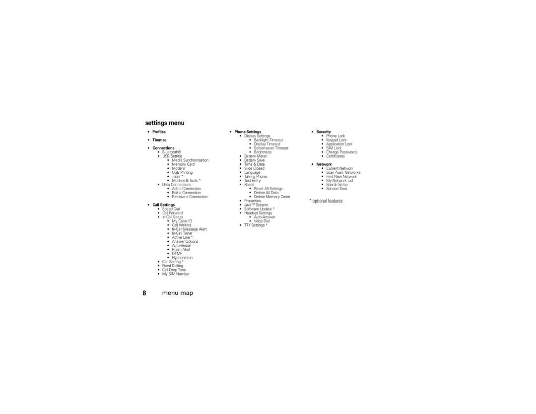 Motorola Z6 manual Settings menu, Connections 