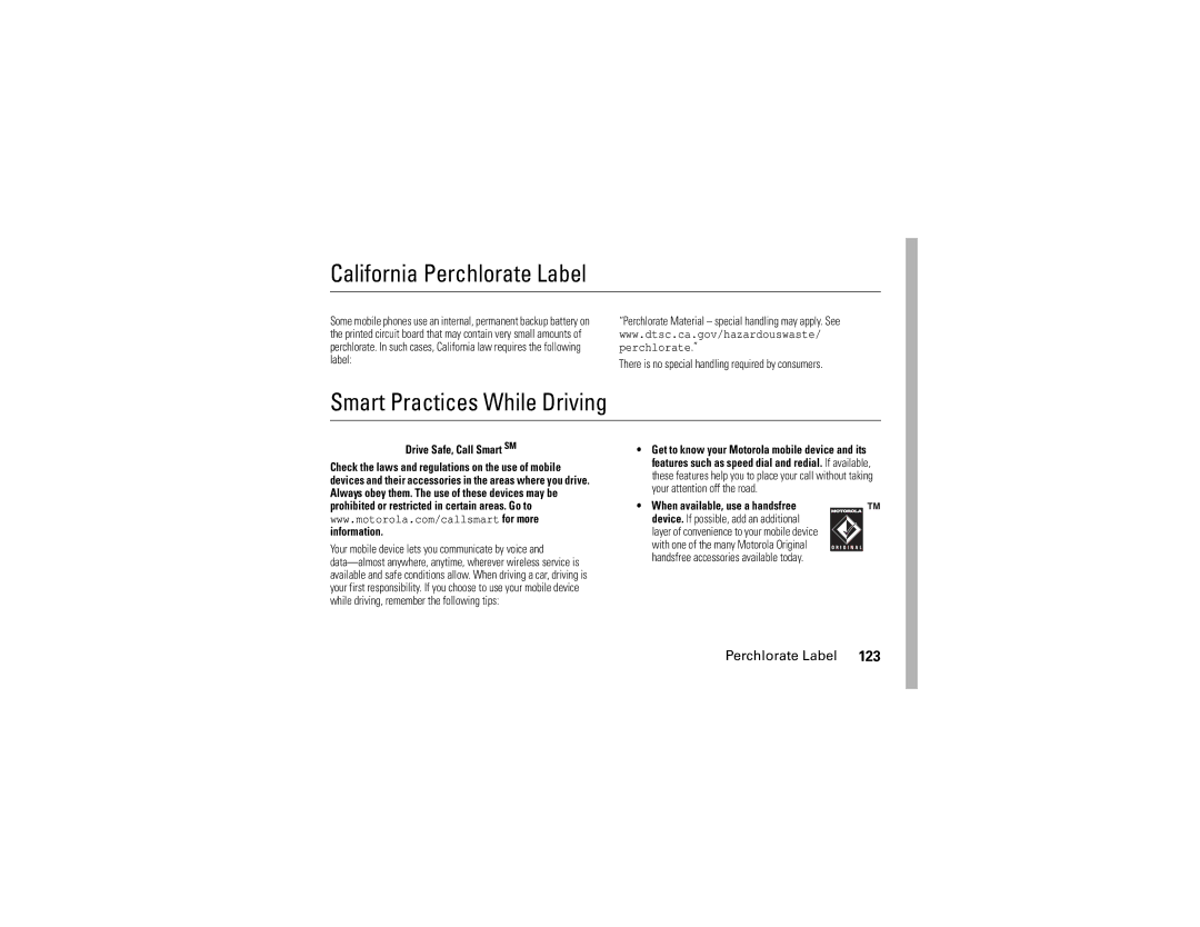 Motorola Z6 manual California Perchlorate Label 