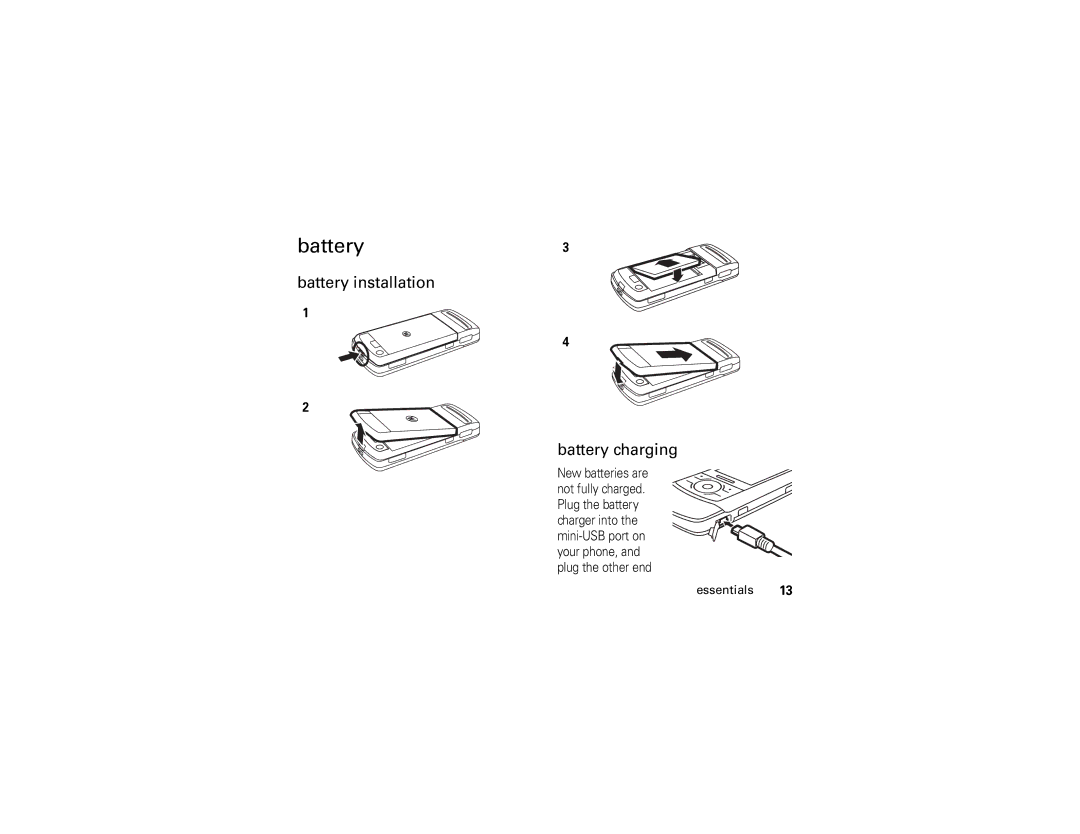 Motorola Z6 manual Battery3, Battery installation Battery charging 