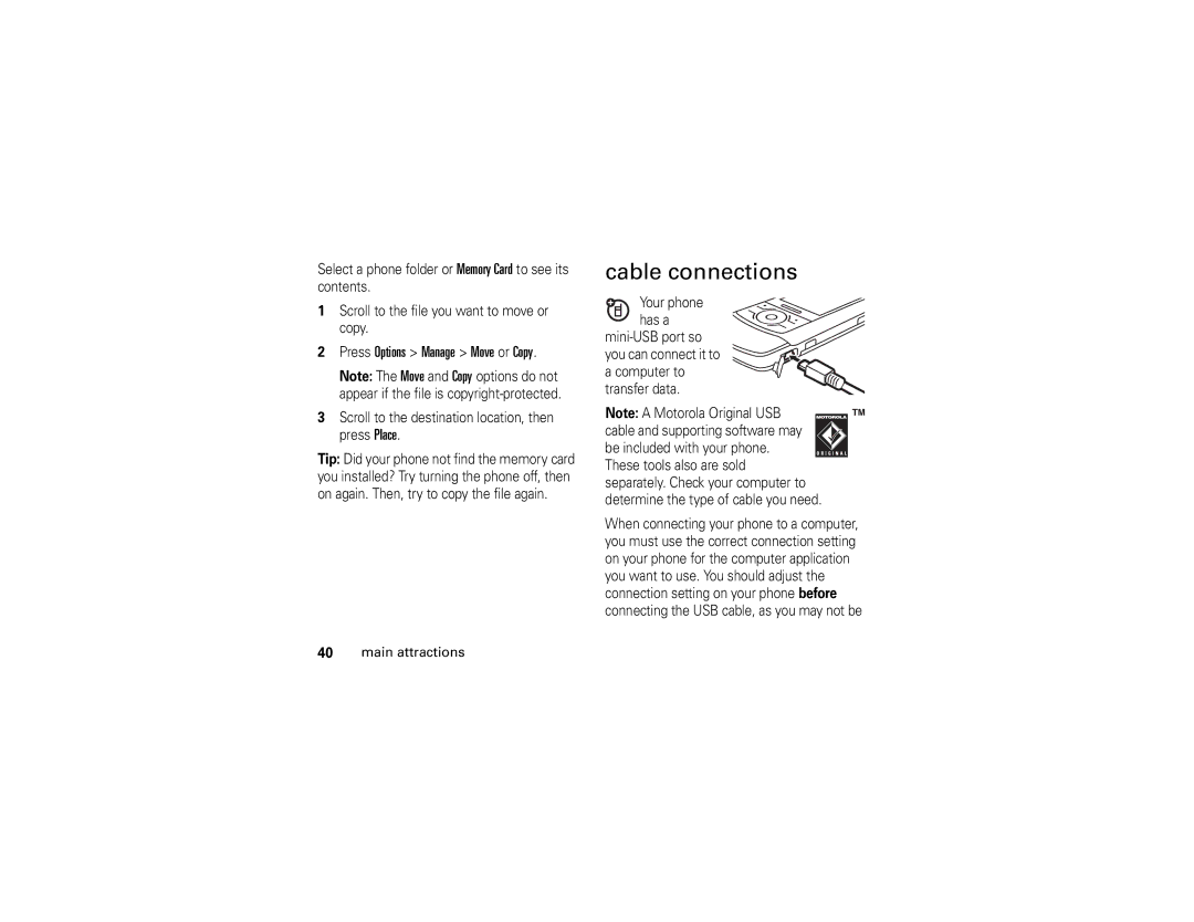 Motorola Z6 manual Cable connections 