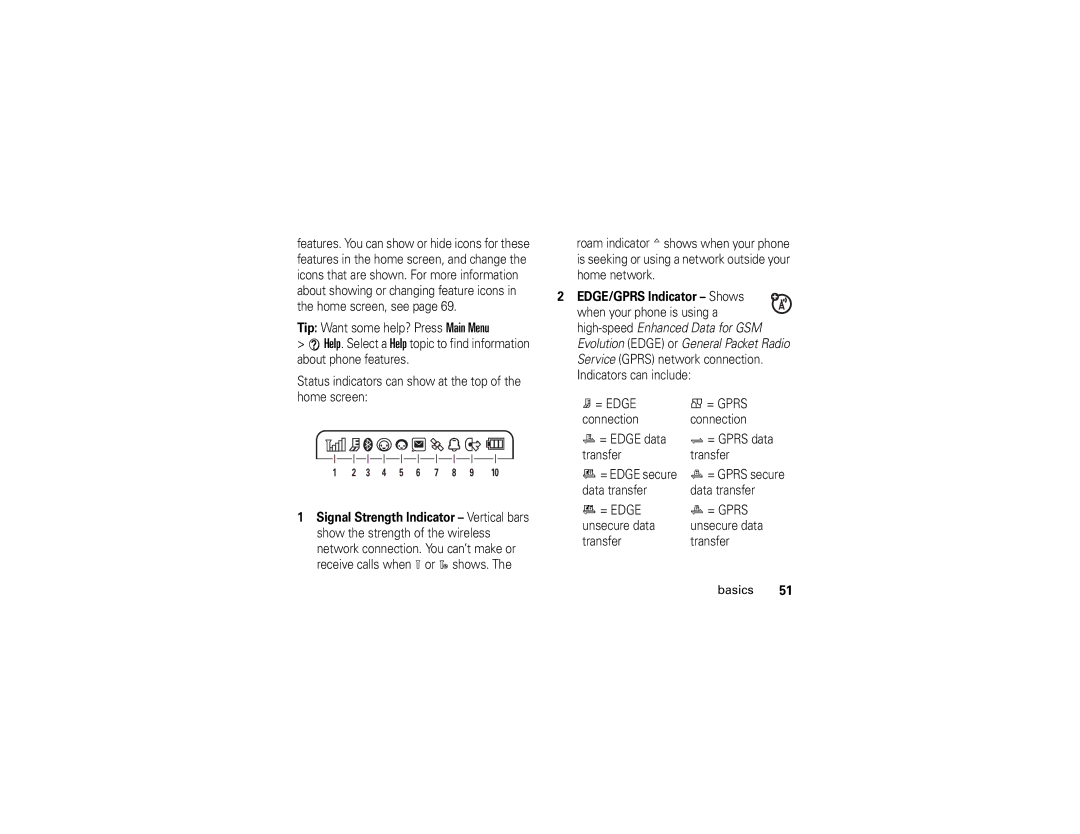 Motorola Z6 manual EDGE/GPRS Indicator Shows, = Gprs 