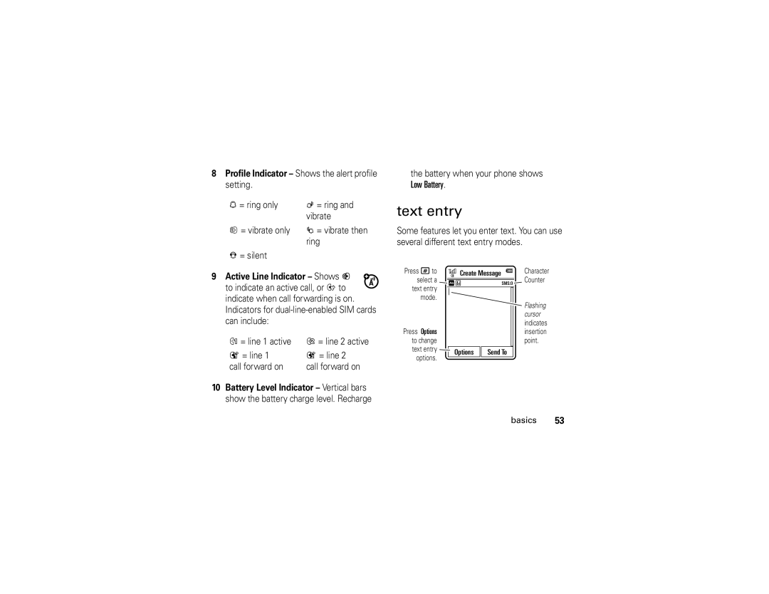 Motorola Z6 manual Text entry, Profile Indicator Shows the alert profile setting, Active Line Indicator Shows B 