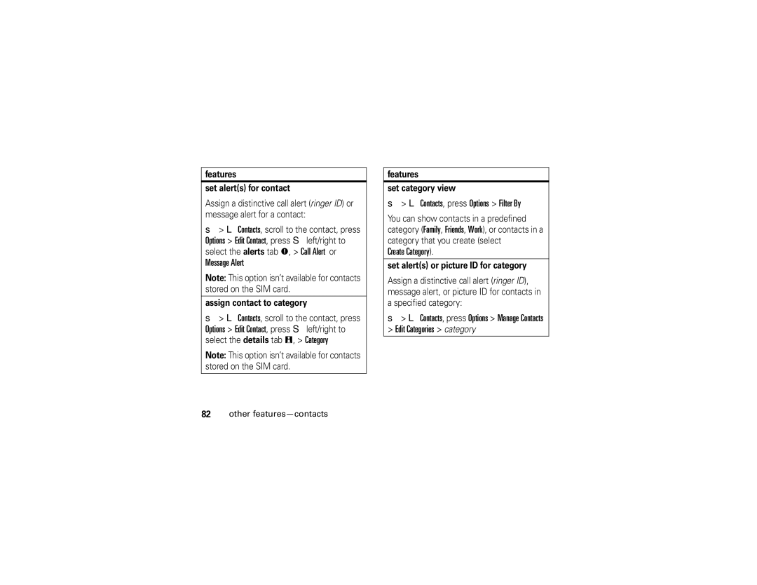Motorola Z6 manual Message Alert, Contacts, press Options Filter By, Create Category 