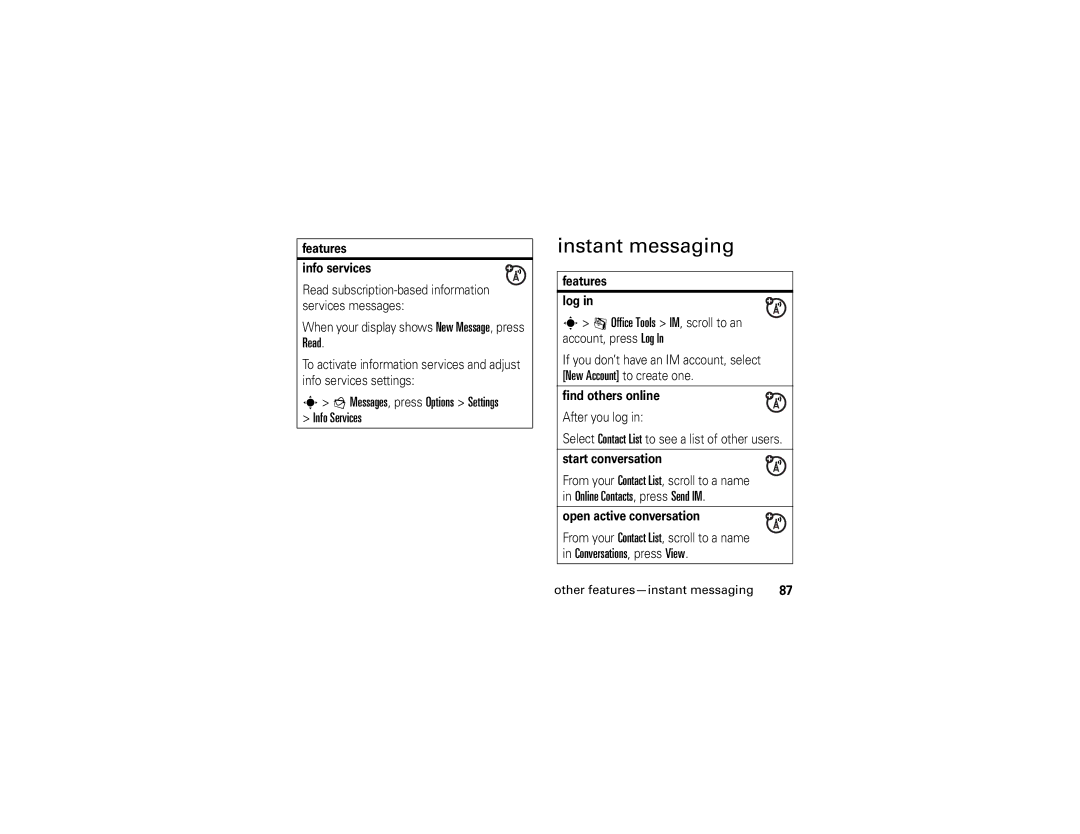 Motorola Z6 manual Instant messaging, Read, Messages, press Options Settings Info Services 