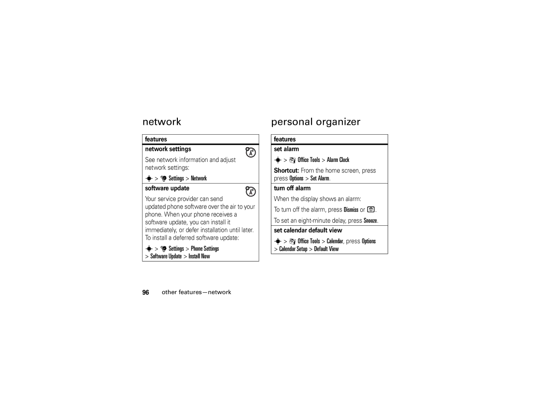 Motorola Z6 manual Personal organizer, Settings Network, Settings Phone Settings Software Update Install Now 