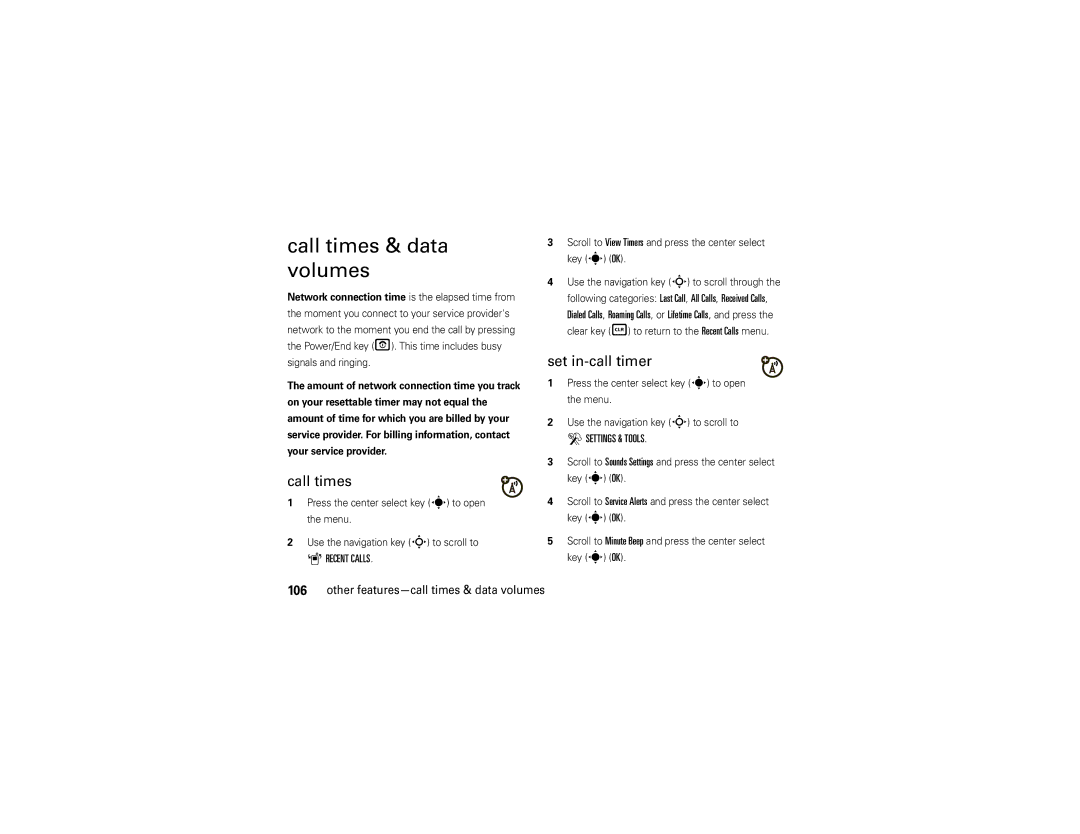 Motorola Z6c manual Call times & data volumes, Set in-call timer, Other features-call times & data volumes 