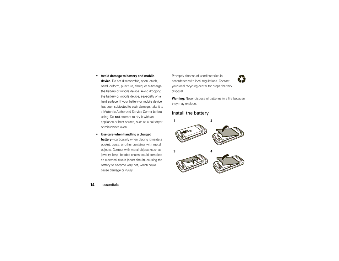 Motorola Z6c manual Install the battery 