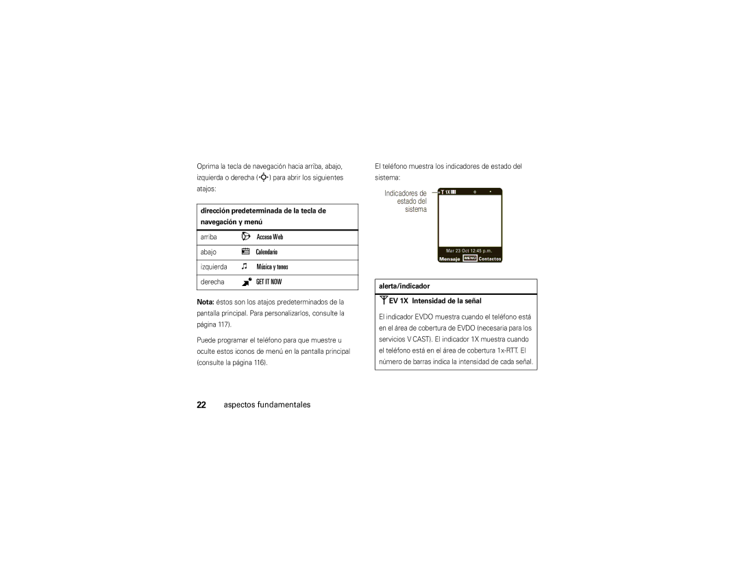 Motorola Z6c manual Acceso Web, Calendario, Música y tonos, Dirección predeterminada de la tecla de Navegación y menú 