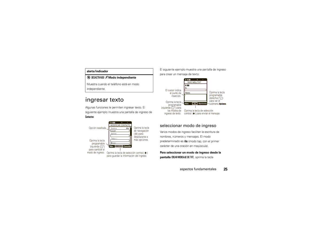 Motorola Z6c Ingresar texto, Seleccionar modo de ingreso, Contactos, Alerta/indicador Desactivado KModo independiente 
