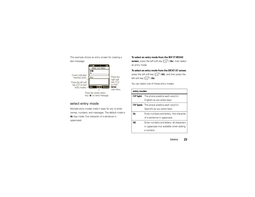 Motorola Z6c manual Select entry mode, Abc, To select an entry mode from the NEW TXT Message, Entry modes 