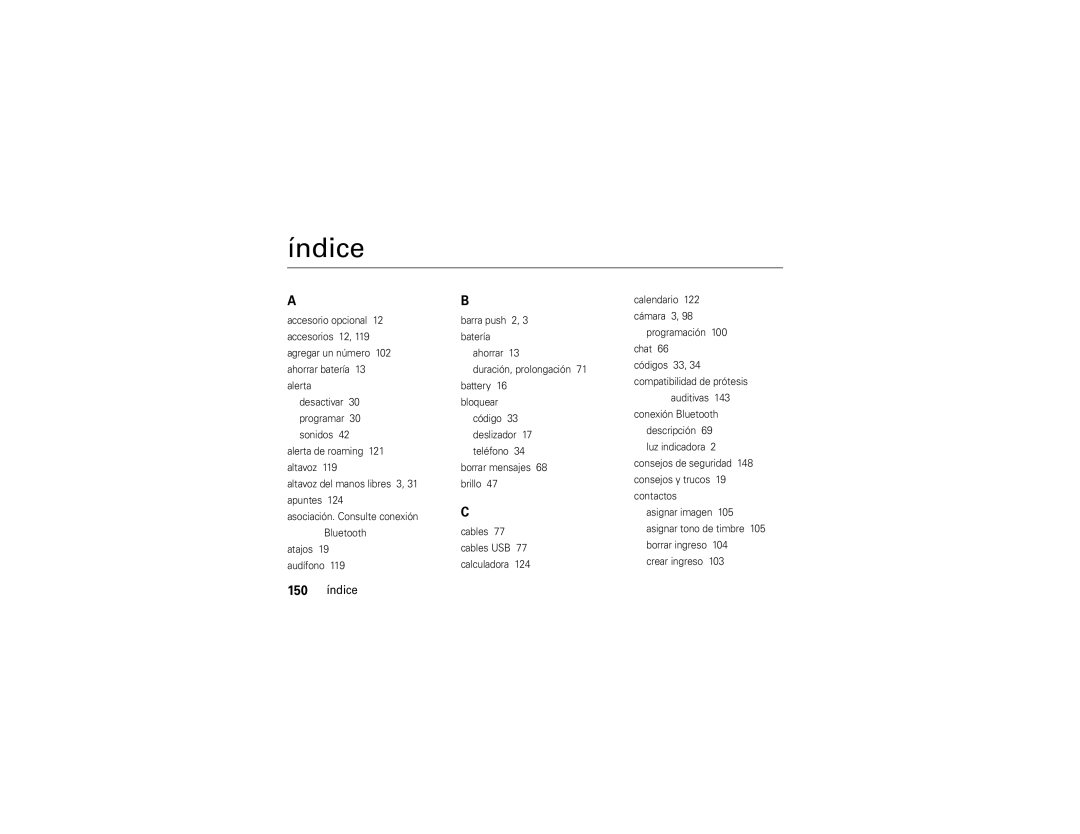 Motorola Z6c manual Índice, 150 índice, 124, Programación 100 chat, Auditivas 