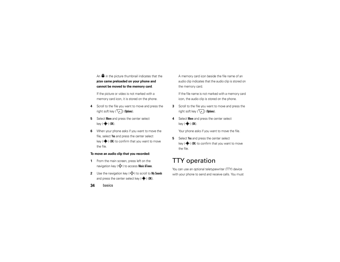 Motorola Z6c manual TTY operation, An f in the picture thumbnail indicates that, To move an audio clip that you recorded 