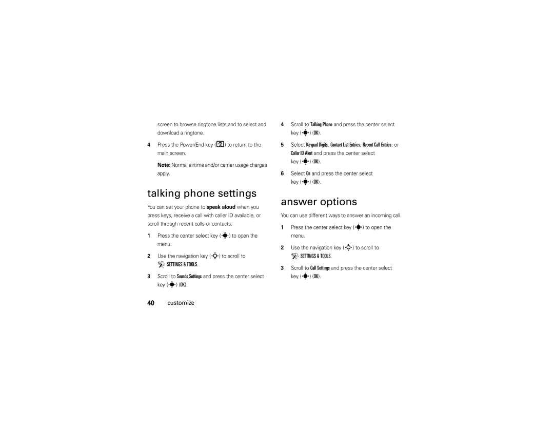 Motorola Z6c manual Talking phone settings, Answer options 