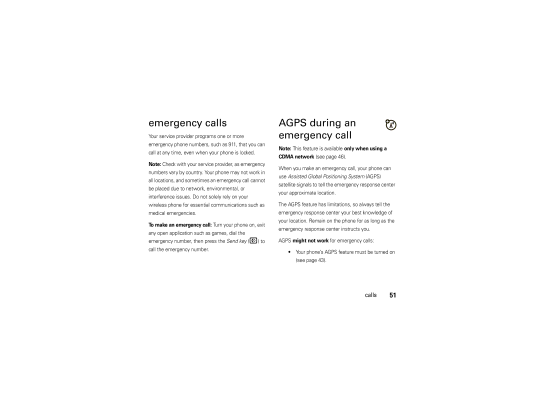 Motorola Z6c manual Emergency calls, Agps during an emergency call 