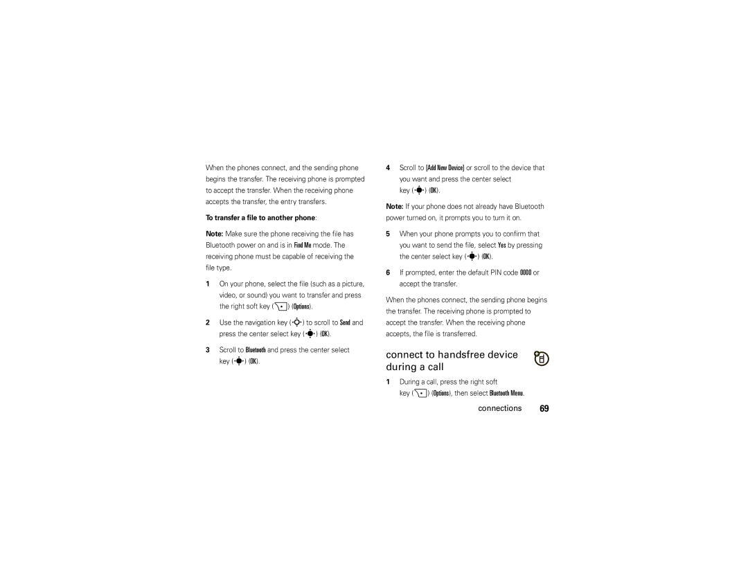 Motorola Z6c manual Connect to handsfree device during a call, To transfer a file to another phone 