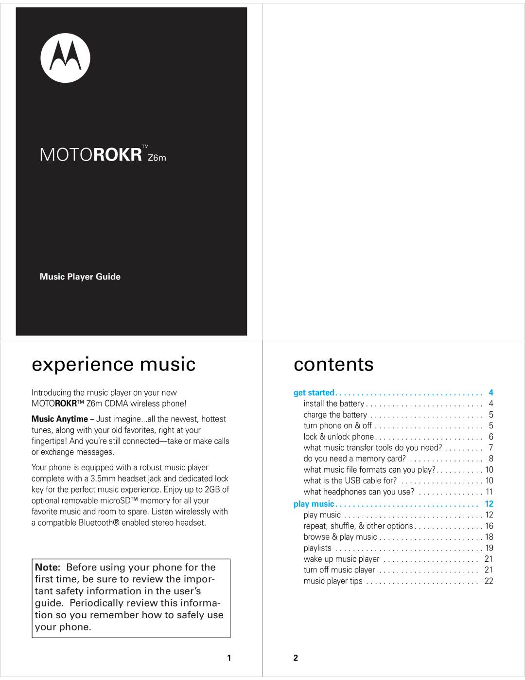 Motorola Z6M manual Experience music Contents 