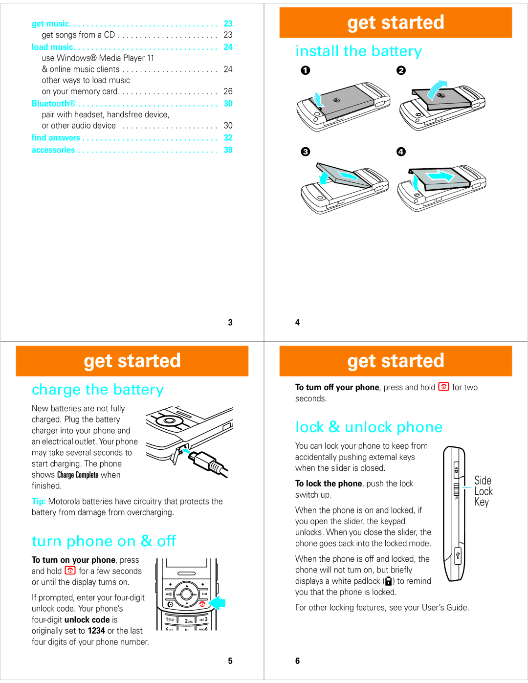 Motorola Z6M Get started, Charge the battery, Installget startedthe battery, Turn phone on & off, Lock & unlock phone 