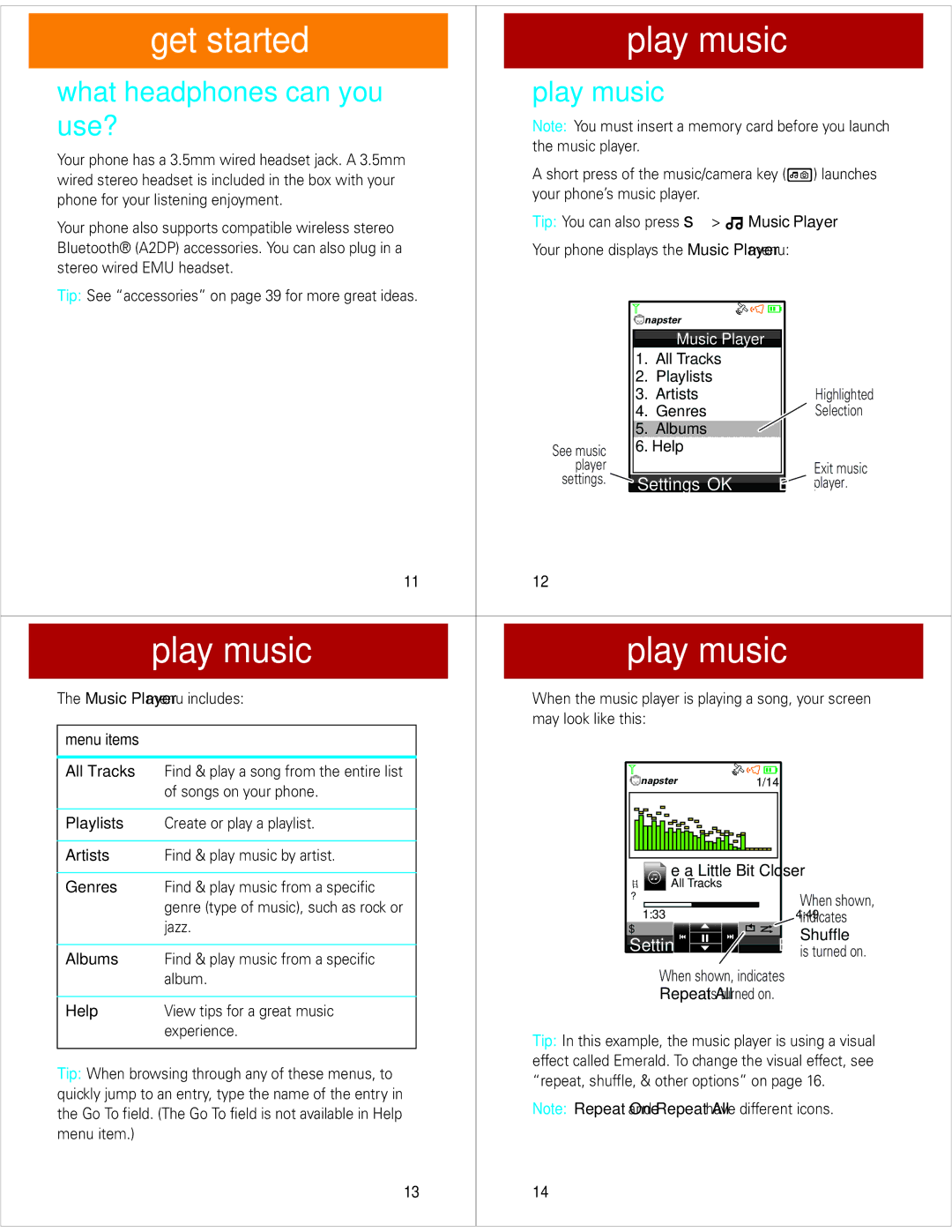 Motorola Z6M manual Get started Play music, What headphones can you Play music, Use? 