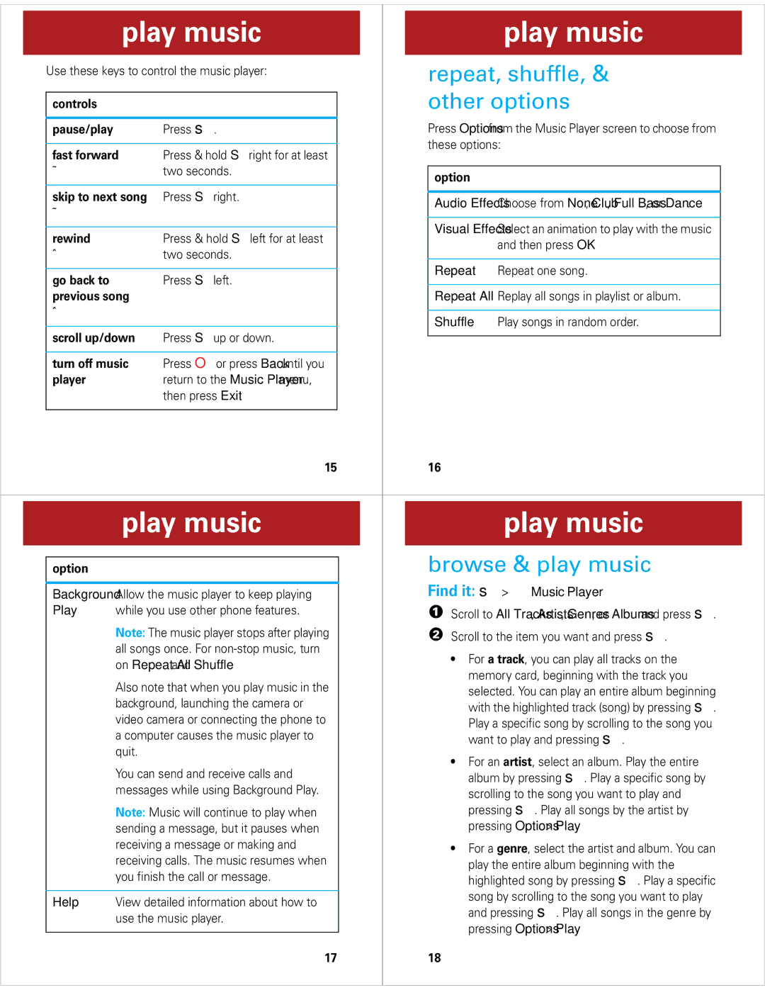 Motorola Z6M manual Repeat, shuffle Other options, Browse & play music 