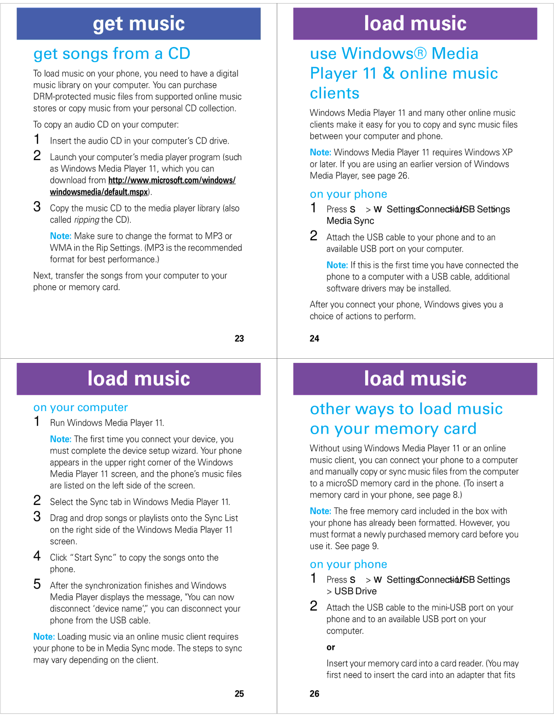 Motorola Z6M manual Load music, Useload m sicWindows Media Player 11 & online music clients, On your phone 