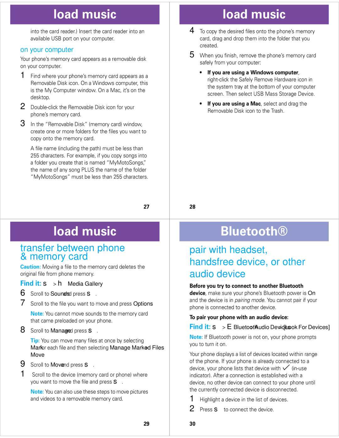 Motorola Z6M manual Load music Bluetooth, Transfer between phone Pair with headset, On your computer 