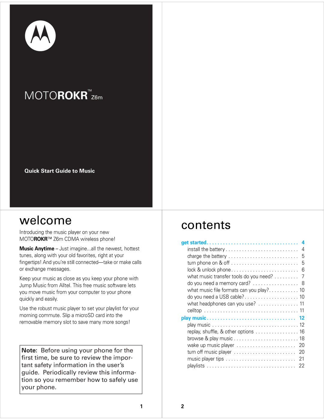 Motorola Z6M quick start Welcome Contents 
